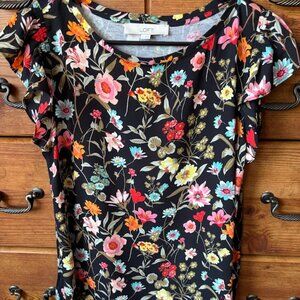 LOFT Mixed Media Floral Top with Flutter Cap Sleeves